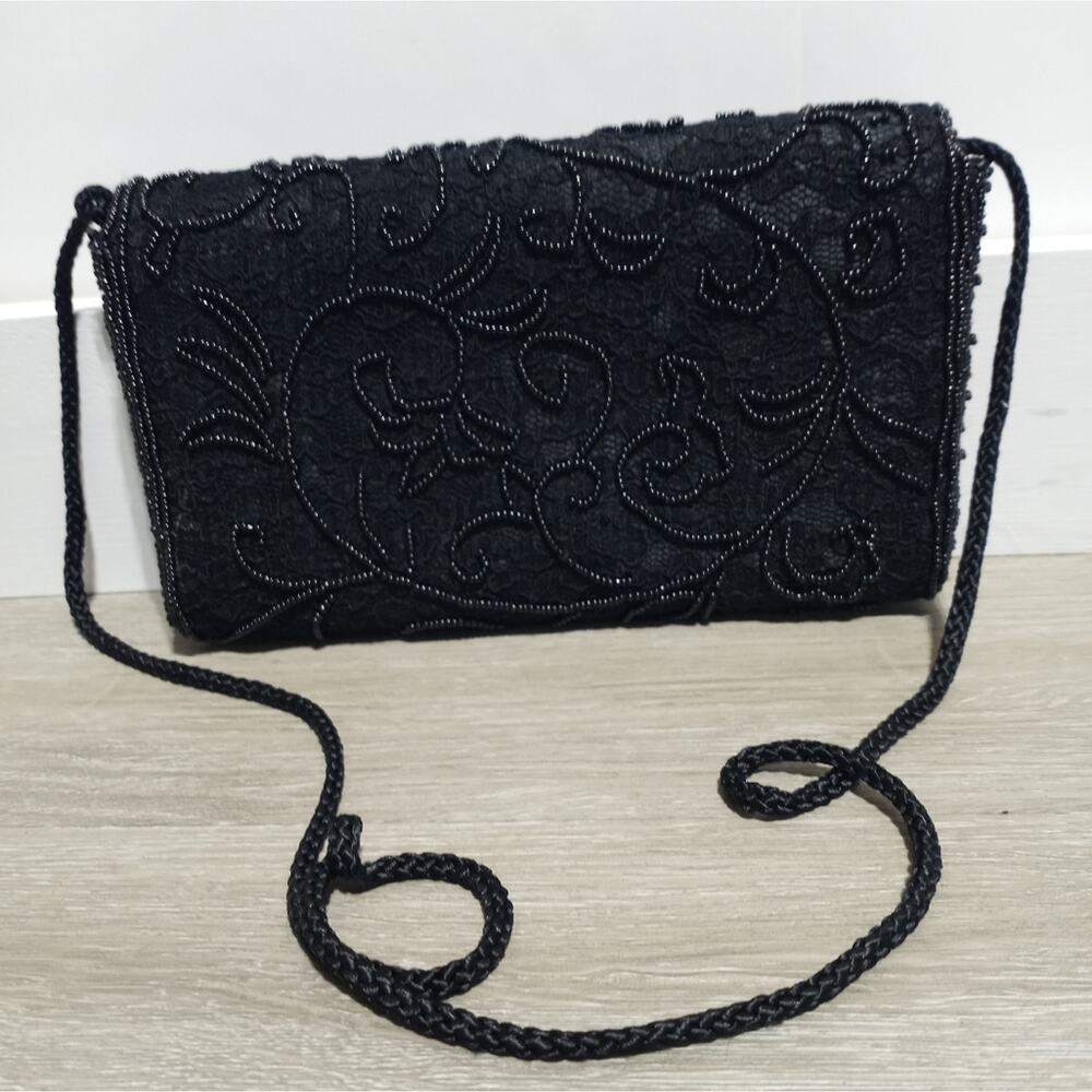 Vintage La Regale Black Lace And Bead Purse Clutch - Picture 2 of 12